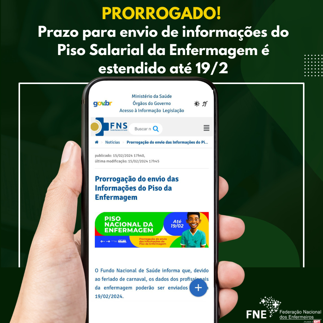 Fundo Nacional de Saúde prorroga prazo para envio de informações referentes ao Piso Salarial da Enfermagem