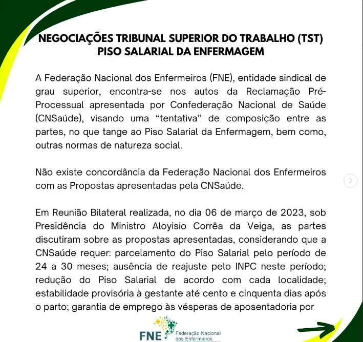 Negociações Tribunal Superior do Trabalho  (TST) - Piso Salarial da Enfermagem