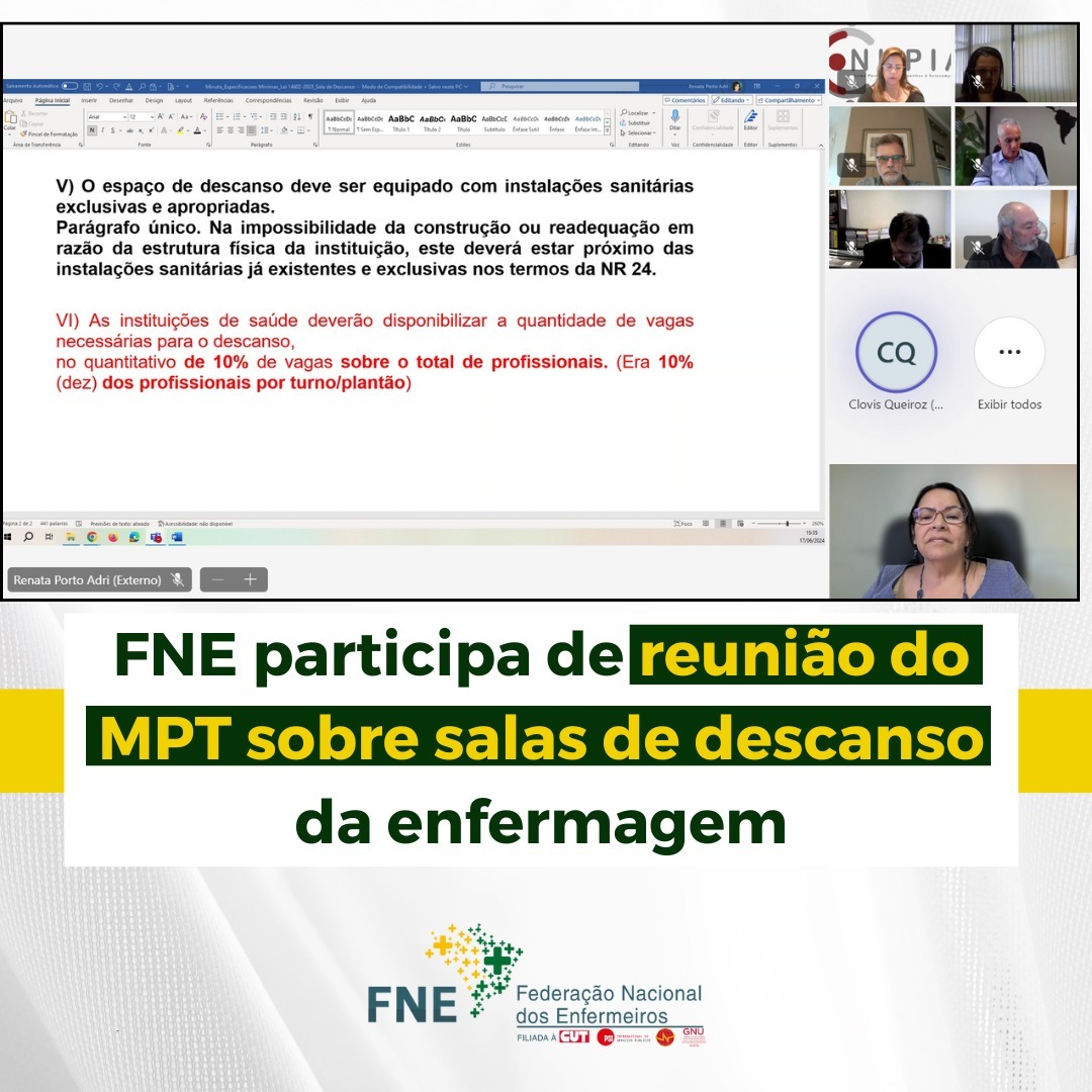 FNE participa de reunião do MPT sobre salas de descanso da enfermagem