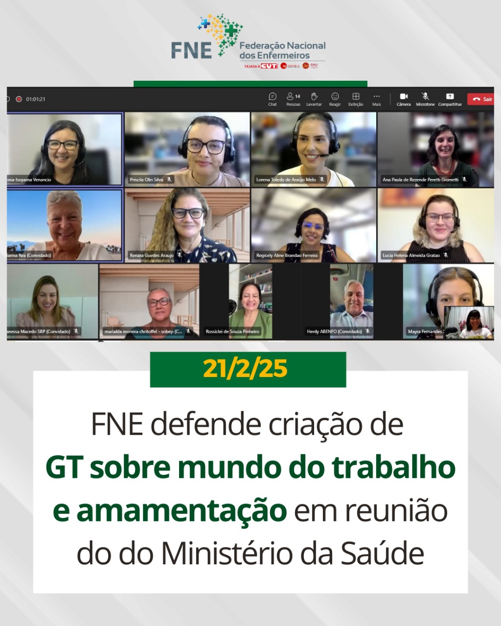FNE defende criação de GT sobre mundo do trabalho  e amamentação em reunião do do Ministério da Saúde