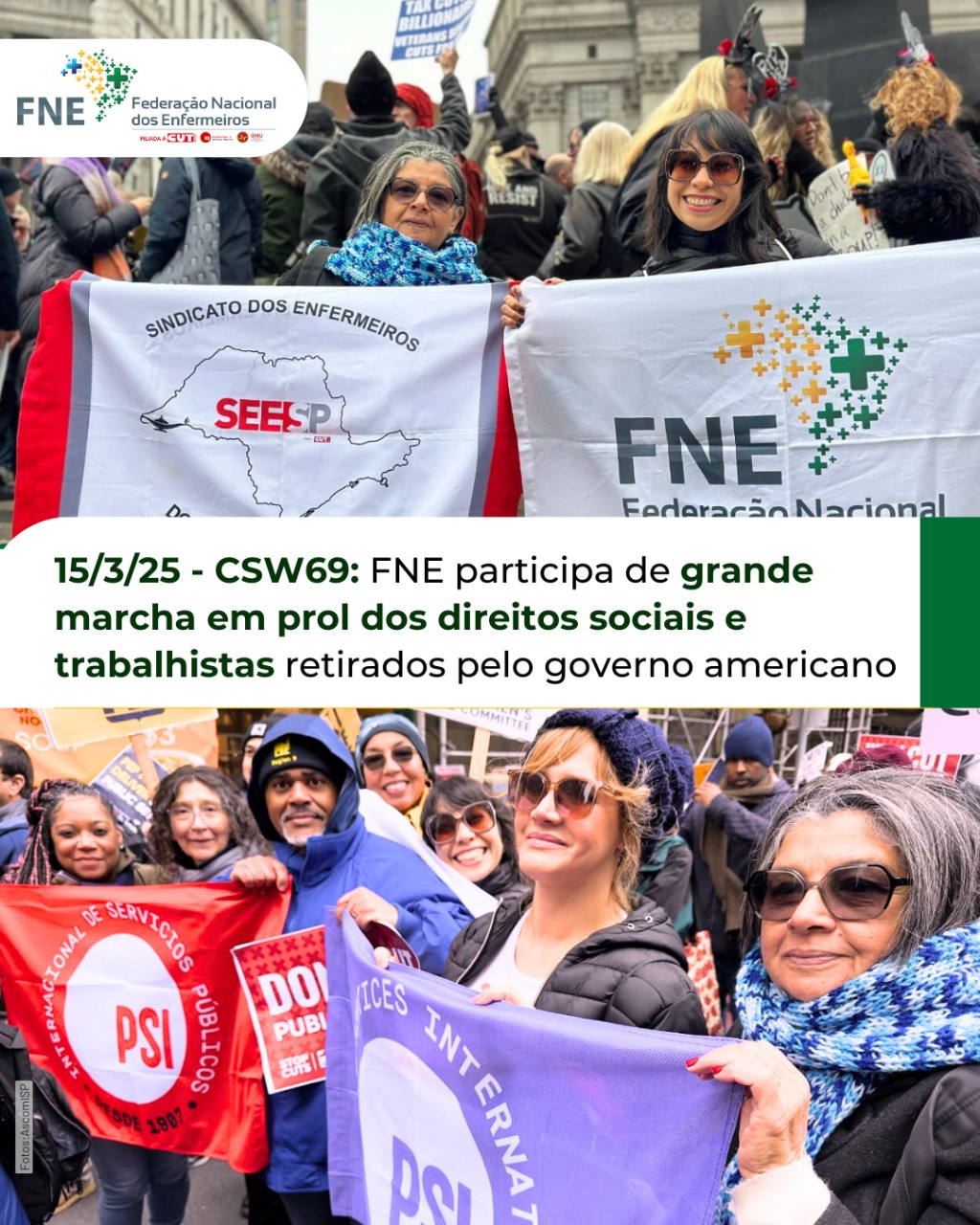 CSW69: FNE participa de grande marcha em prol dos direitos sociais e trabalhistas retirados pelo governo americano