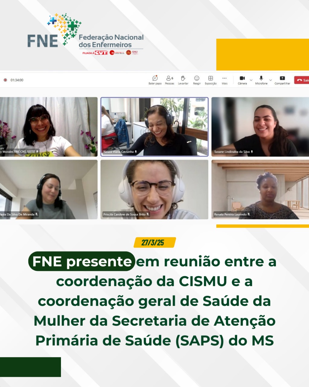 FNE presente em reunião entre a coordenação da CISMU e a coordenação geral de Saúde da Mulher da Secretaria de Atenção Primária de Saúde (SAPS) do MS