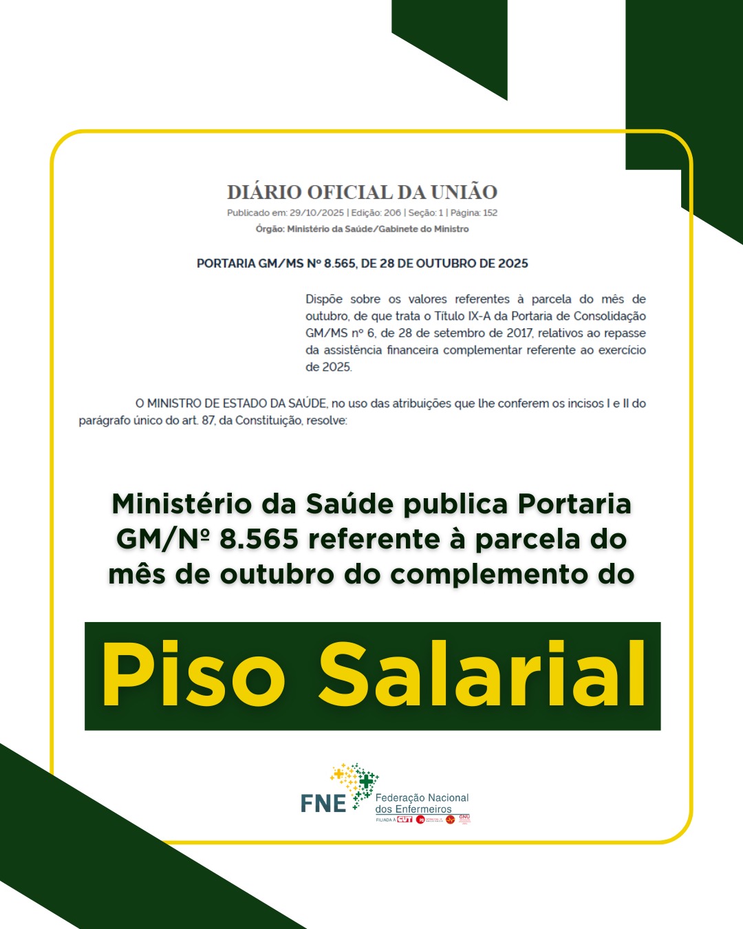Ministério da Saúde publica Portaria GM/N° 8.565 referente ao complemento do Piso Salarial da Enfermagem de outubro