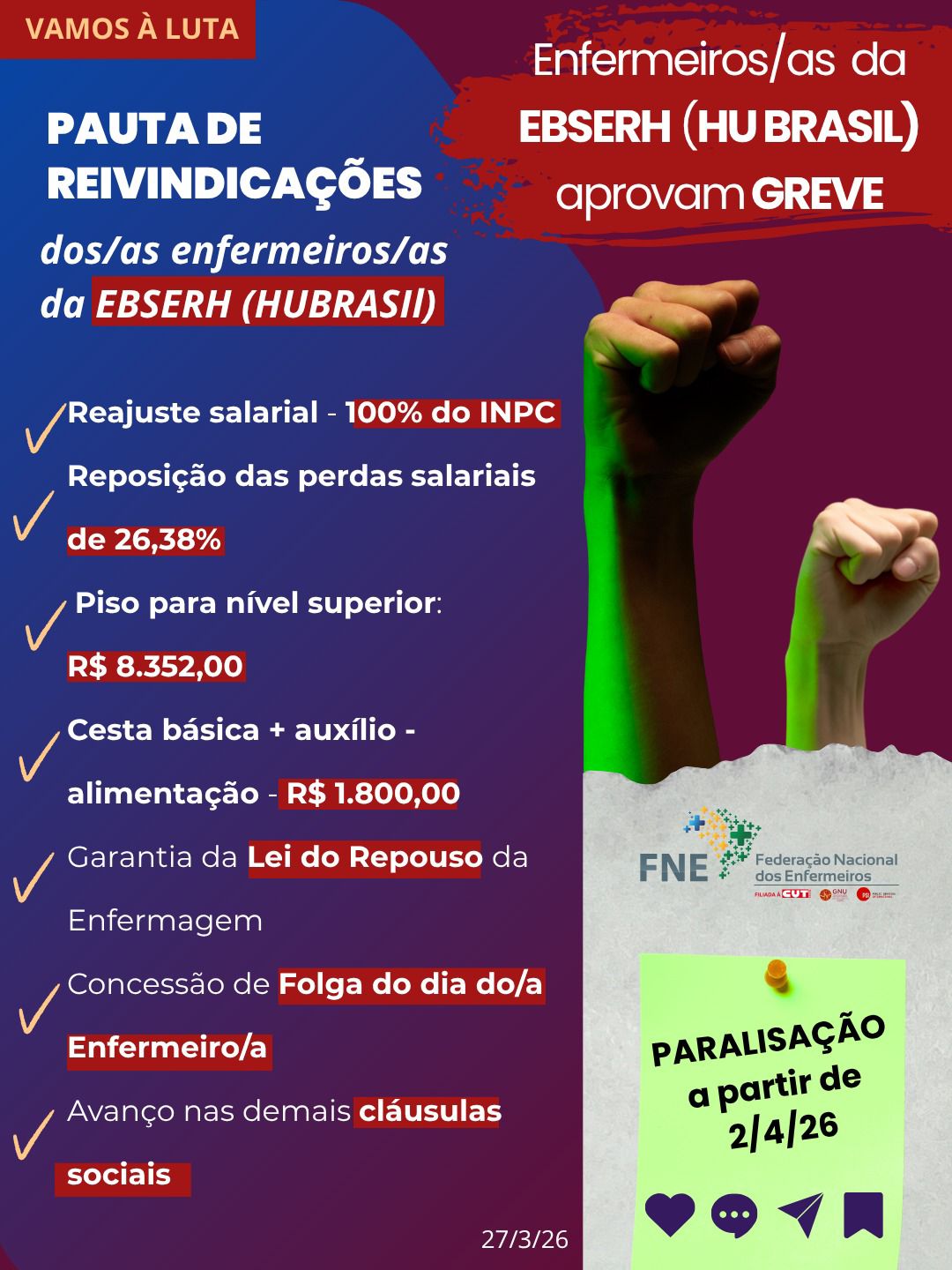 Enfermeiras/os da EBSERH (HUBRASIL) aprovam adesão à greve!