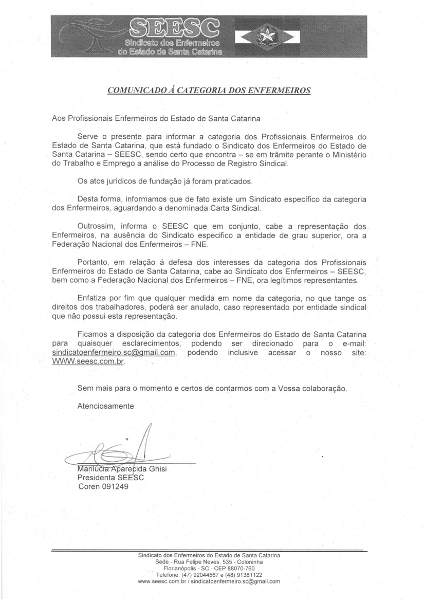 Comunicado aos Profissionais Enfermeiros do Estado de Santa Catarina