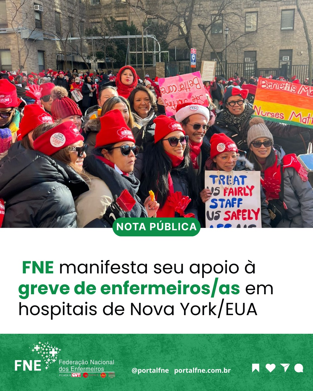 A Federação Nacional dos Enfermeiros (FNE), vem a público, manifestar seu apoio e solidariedade a enfermeiros e enfermeiras de cinco hospitais privados de Nova York.